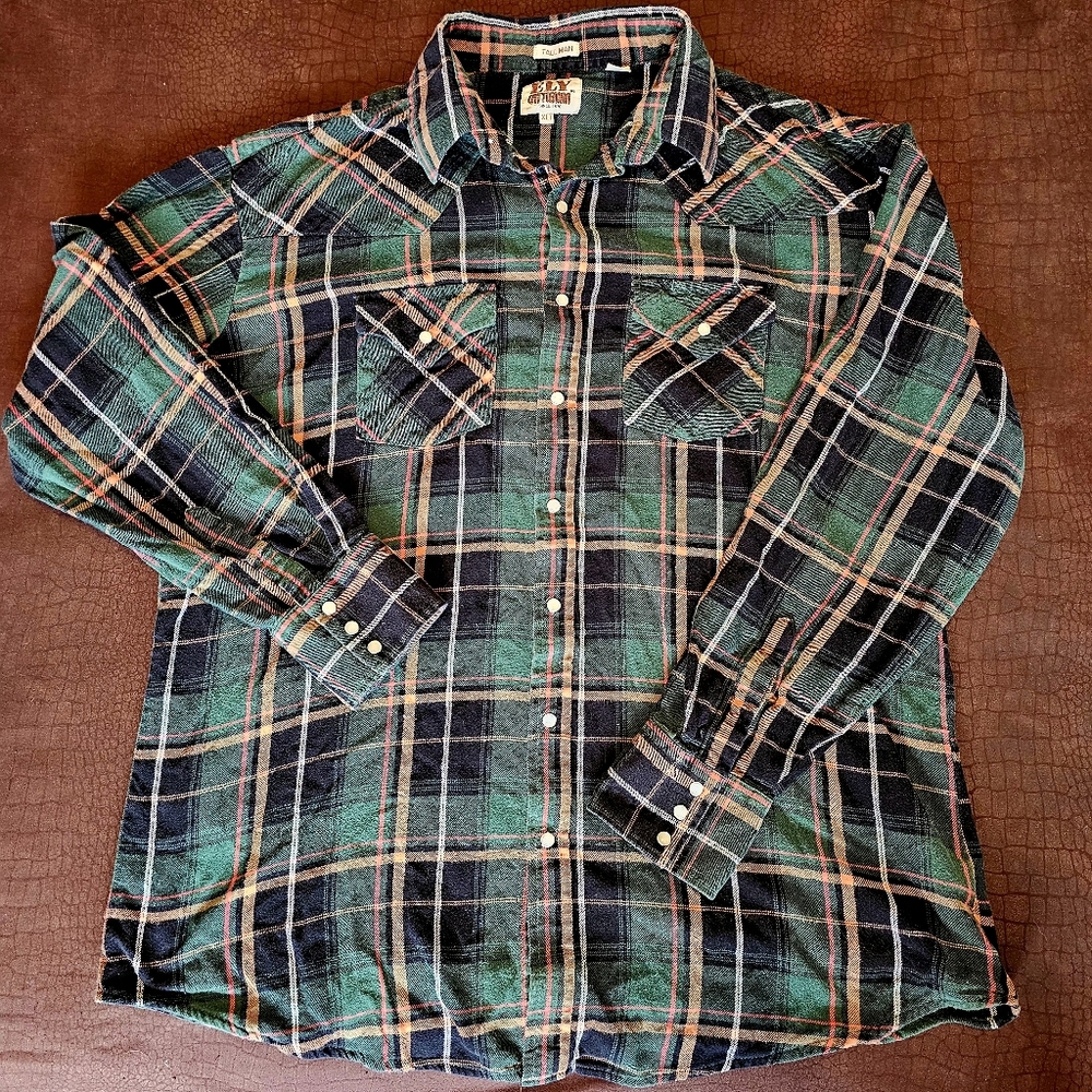 Ely Cattleman Mens Flannel Western Green Brown Plaid Long Sleeve Pearl Snap XLT